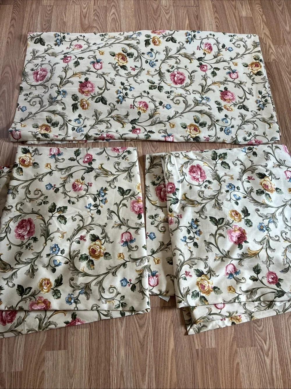 JCPenney Home Set of 3 Drapes Pinch Plaid Curtains Beige Floral Print 24x82”